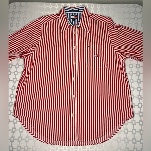 Vintage Tommy Hilfiger Red White Striped Button Up Shirt - Picture 8 of 13